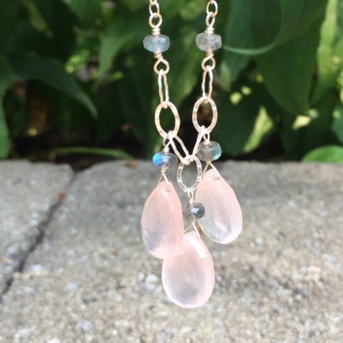 Three drops rose quartz and labradorite necklace in sterling silver.