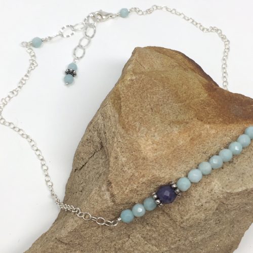 Amazonite and sapphire beaded necklace in choker style, sterling silver.