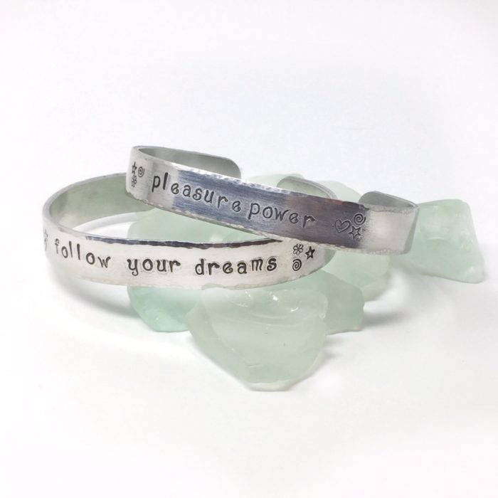 hand stamped bracelet cuff in aluminum with customized message