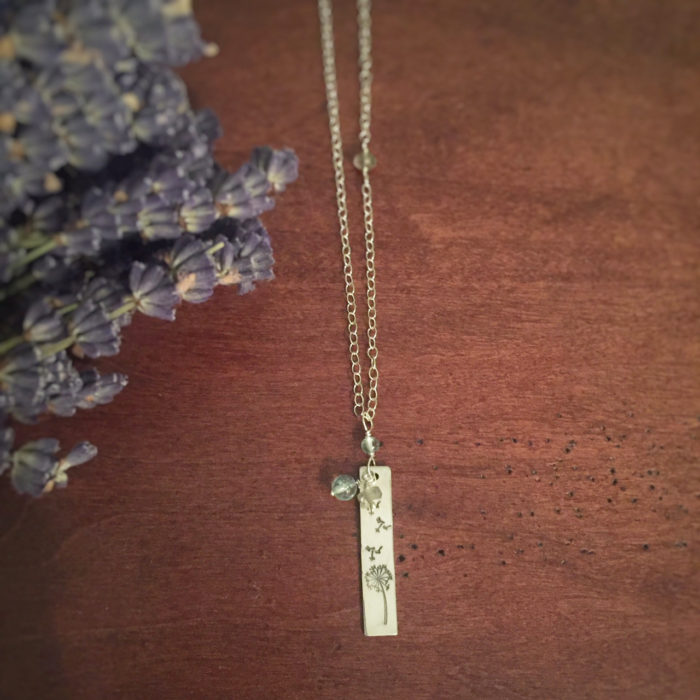 Sterling silver necklace with dandelion make a wish design stamp