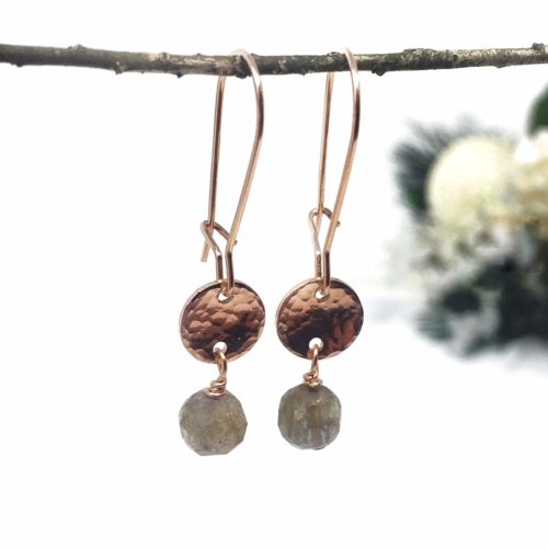 Rose gold earrings with hammered charm and labradorite