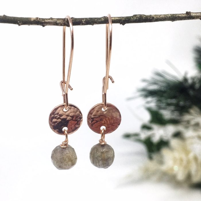Rose gold earrings with hammered charm and labradorite