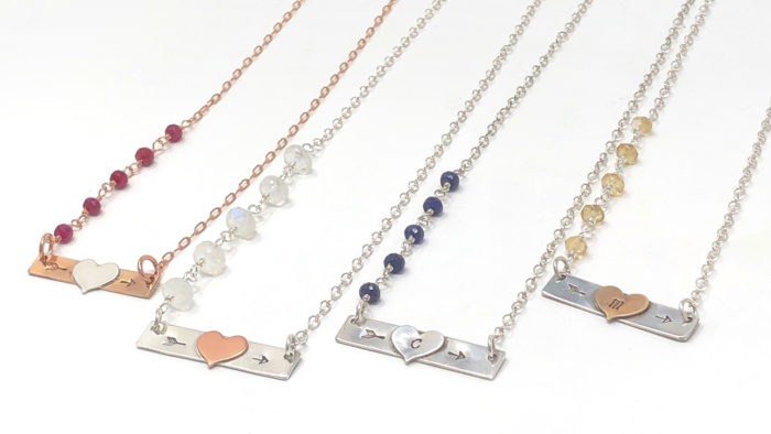 Bar necklaces with soldered heart with initial and gemstones.