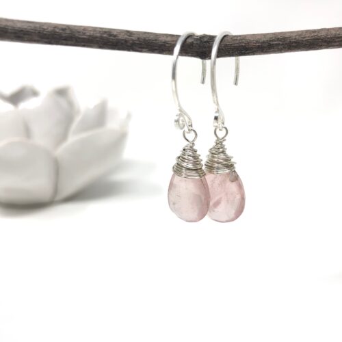 Rose quartz wire wrapped silver earrings