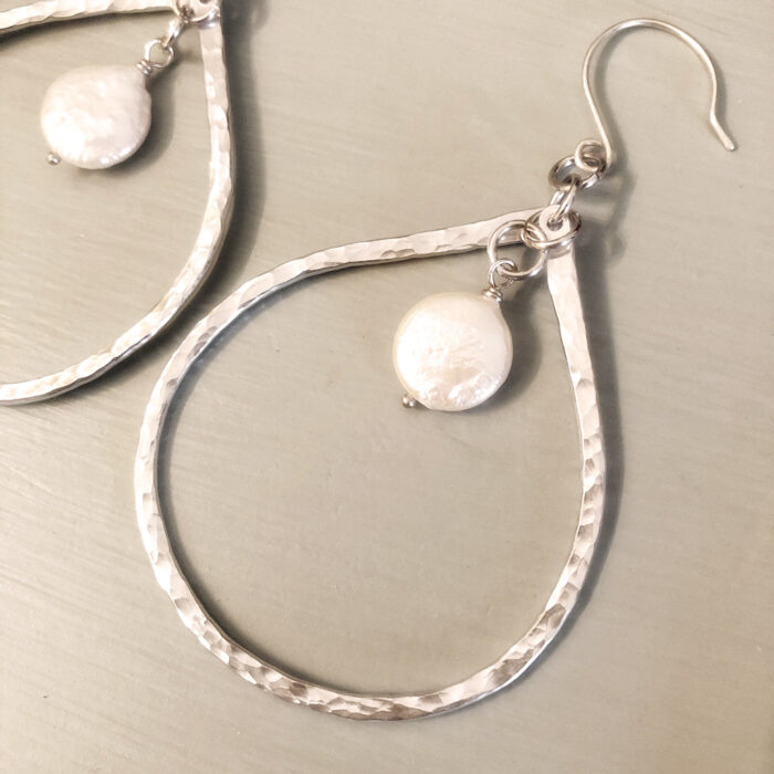 Teardrop hoops with fresh water pearl and ear wire in sterling silver