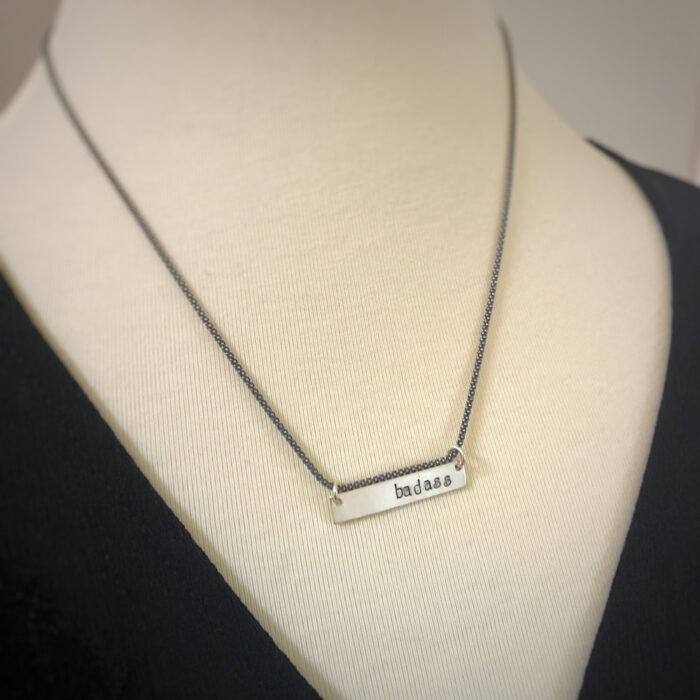 Sterling silver bar necklace with popcorn silver chain. Word can be personalized.