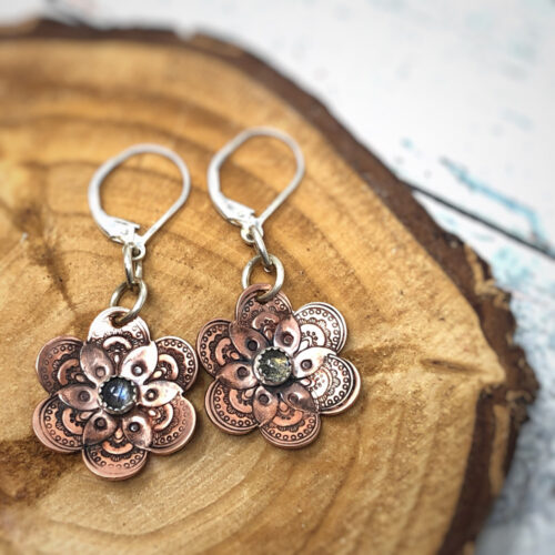 Flower collection, earrings, stamped copper and labradorite gemstone