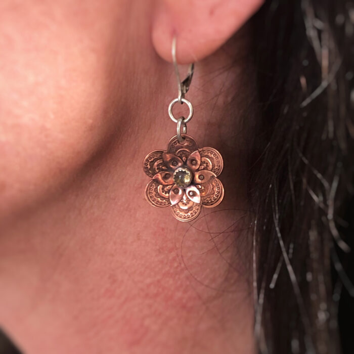 Flower collection, earrings, stamped copper and labradorite gemstone