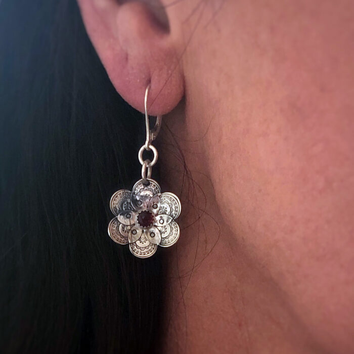 Flower collection, earrings, stamped sterling silver and garnet gemstone