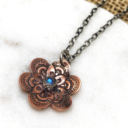 Flower collection, necklace, stamped copper and labradorite gemstone