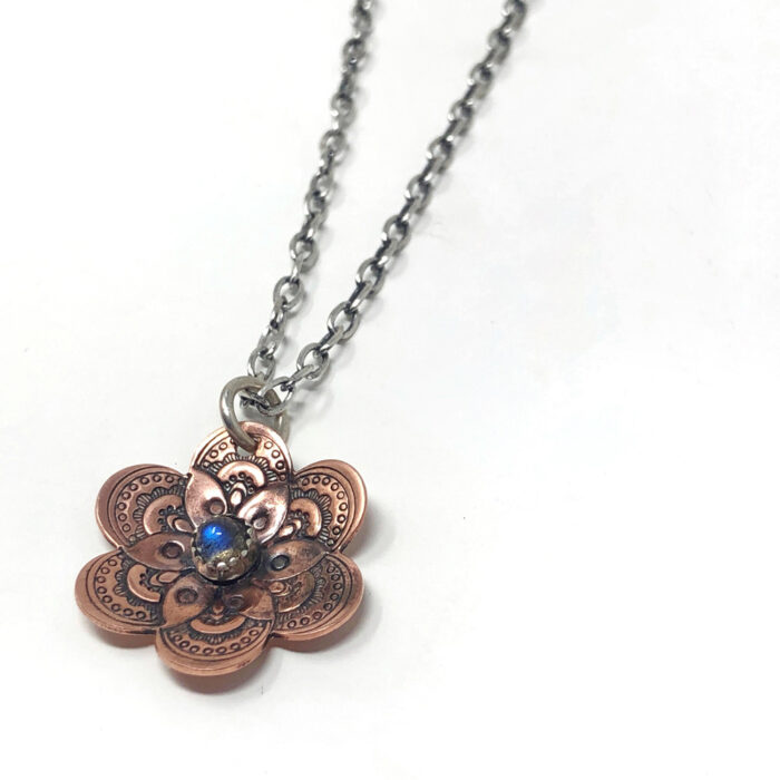 Flower collection, necklace, stamped copper and labradorite gemstone