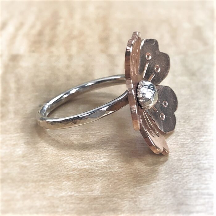 5 petal bronze flower on sterling silver ring